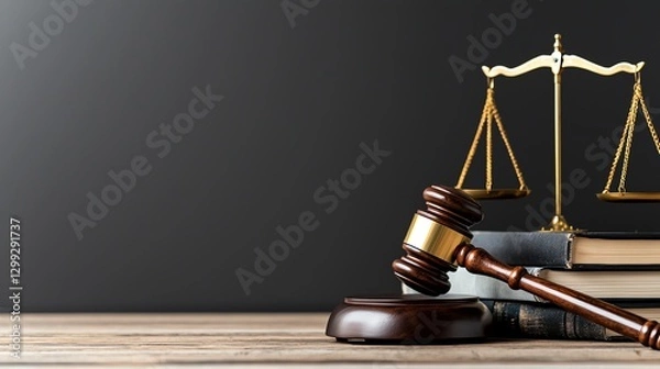 Obraz A close-up view of a gavel and scales of justice on a wooden desk symbolizes law and order. This image represents the legal system and professionals in the legal field.