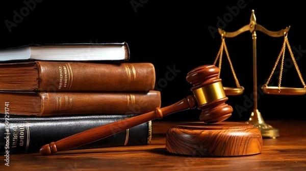 Fototapeta A wooden gavel placed on a polished desk beside law books and a balance scale represents justice and legal matters in a professional setting.