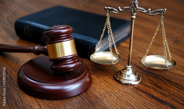 Fototapeta A close-up of a wooden gavel and golden scales of justice beside a thick law book, symbolizing the legal profession and the importance of fairness in judicial systems.