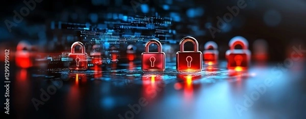 Obraz A futuristic representation of digital security, featuring glowing red locks against a backdrop of data streams, symbolizing cybersecurity and the protection of online information.