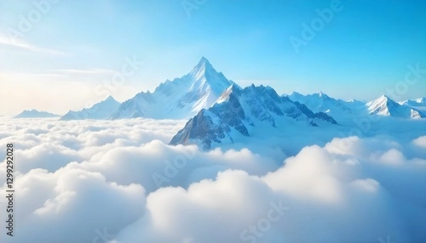 Fototapeta Una foto panorámica captura una majestuosa cadena montañosa que atraviesa un mar de nubes, frente a un cielo azul degradado