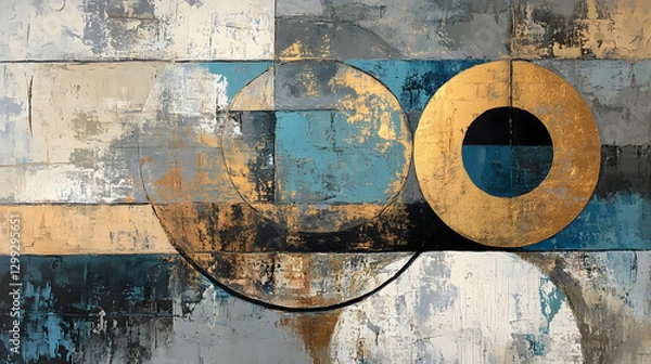 Obraz Abstract modern painting with circles and shapes in gray, beige, blue, brown, white, and gold colors
