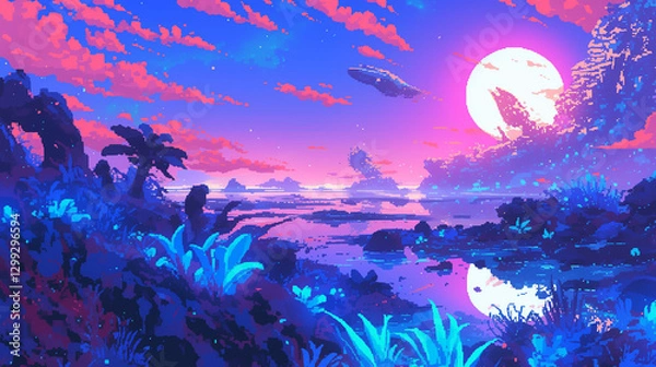 Obraz "A pixel art alien planet with glowing blue plants, strange creatures, floating rocks, and a vibrant pink sky
