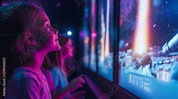 Fototapeta Children engaged in space exploration exhibit science museum interactive learning nighttime close-up view educational adventure