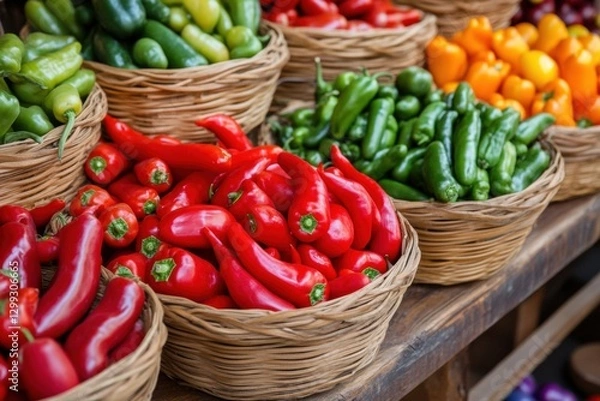 Fototapeta Colorful display of fresh peppers in woven baskets at a local market during the harvest season