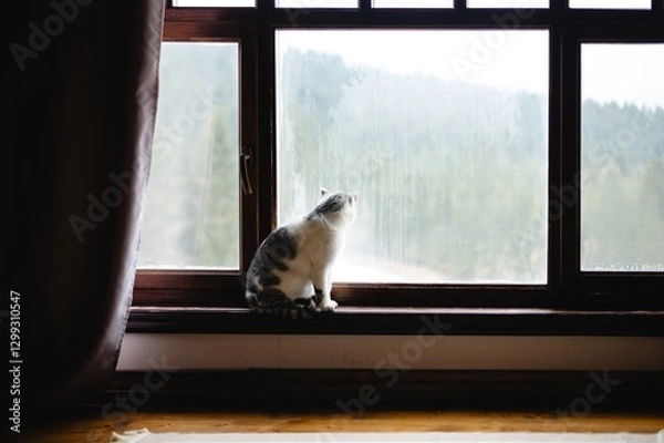 Fototapeta Cat gazes out the window on a rainy day, watching the clouds and feeling the changing weather
