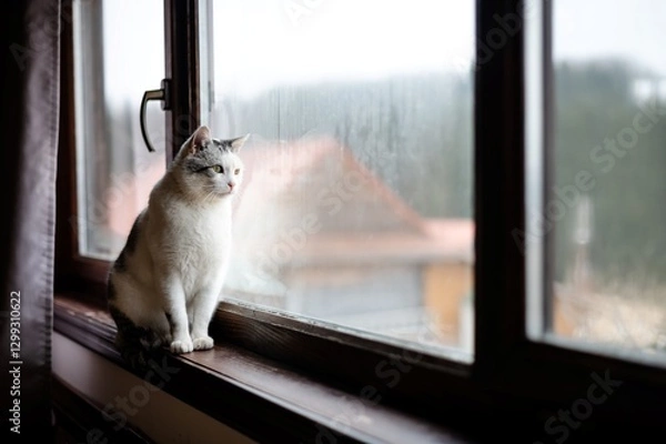 Fototapeta Cat gazing out the window on a rainy day reflecting a mix of curiosity and tranquility