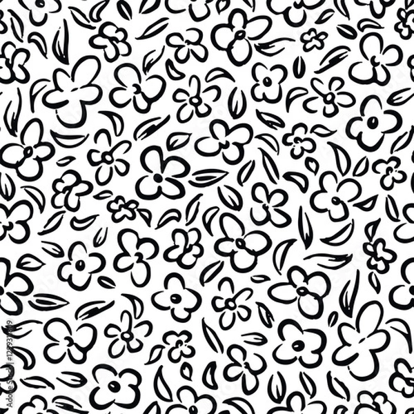 Fototapeta Cute handdrawn flower heads with leaves seamless repeat pattern. Random placed, vector botany aop all over surface print on white background.