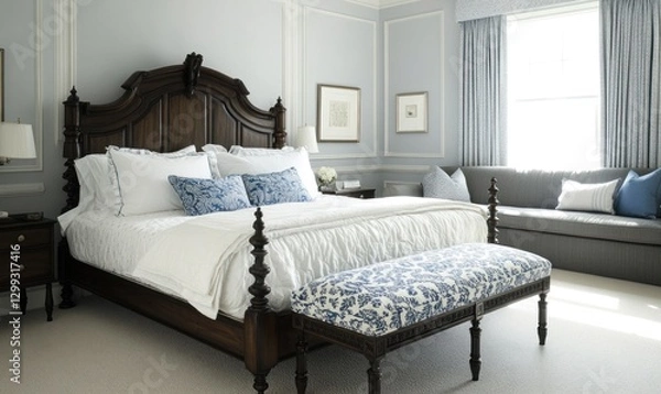 Fototapeta Luxurious bedroom interior with tufted headboard, sunlight streaming in