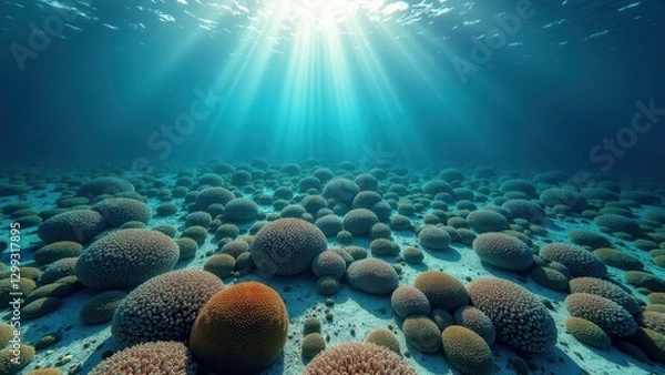 Fototapeta Sunlight streaming through clear water on a coral reef affected by bleaching with fish swimming	