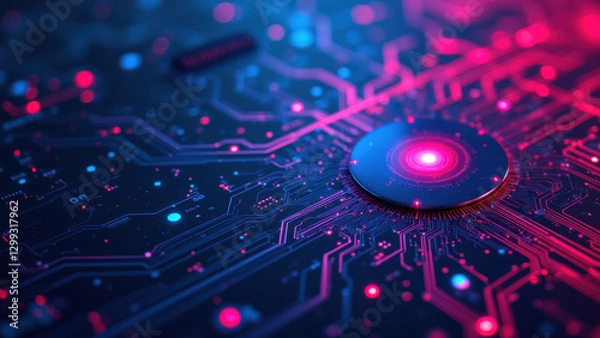 Obraz High-tech computer circuit board with glowing red and blue accents, emphasizing on ci/cd, docker, kubernetes, devops components.