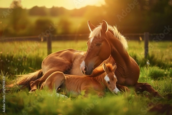 Fototapeta Serene moment between mother horse and foal in sunlit pasture