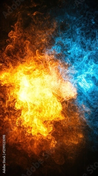 Obraz Fiery blue and orange flames clashing in dark background; abstract design for energy, power concept