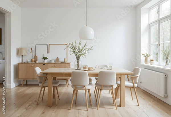 Obraz dining area in Scandi style with a simple natural wood table, light-toned fabric chairs, and minimalist decorative elements.