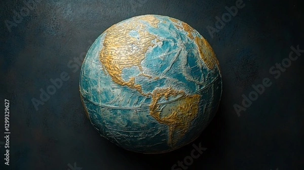 Fototapeta Detailed globe, artistic rendering, dark background, world map