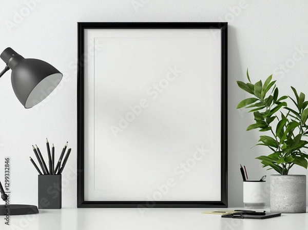Fototapeta A minimalist workspace featuring a blank frame mockup, stationery and a potted plant on white desk.