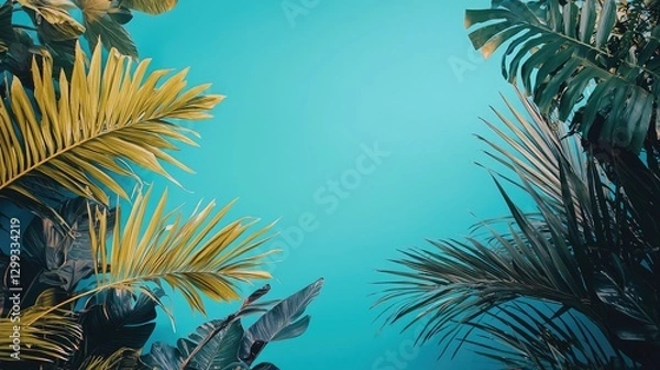 Fototapeta Tropical leaves frame turquoise background; summer vacation design