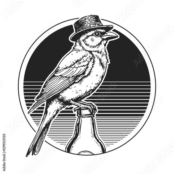 Fototapeta Vector illustration of a bird in the hat sitting on beer bottle. Black and white mascot