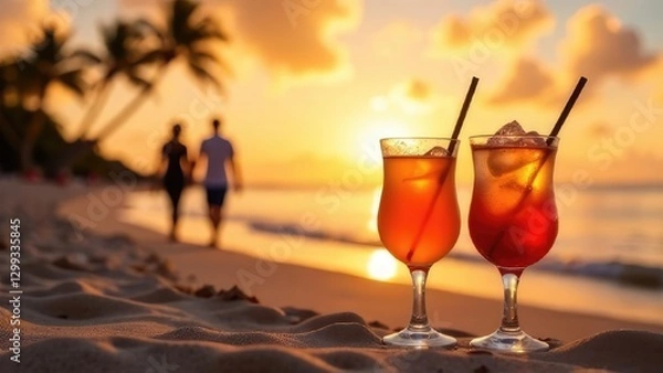 Fototapeta Two tropical cocktails stand on a beach at sunset with a couple walking in the background.
Concept of: Evening bliss.