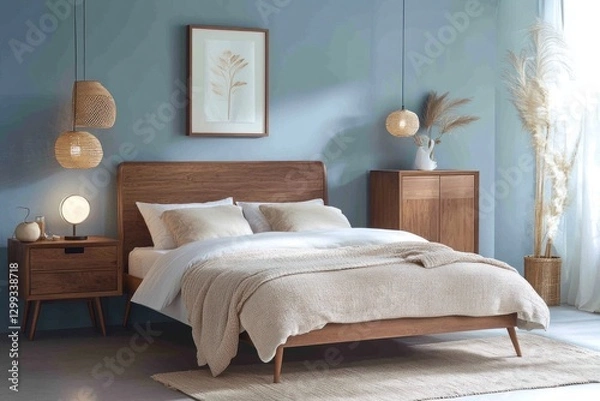 Fototapeta Modern bedroom interior, cozy, light blue walls, wooden furniture