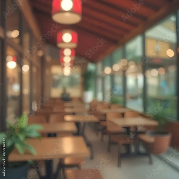 Fototapeta Abstract blur image of restaurant outdoor with bokeh for background usage.	
