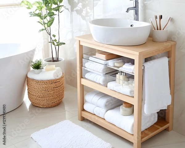 Fototapeta Modern bathroom vanity, towels, storage