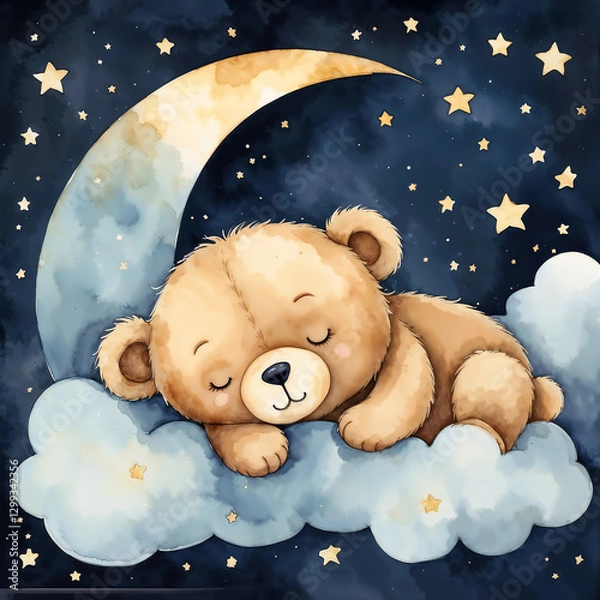 Fototapeta Adorable watercolor illustration of a teddy bear sleeping on a fluffy cloud under a starry night sky with a crescent moon.