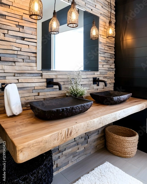 Fototapeta Modern double vanity, stone wall, bathroom