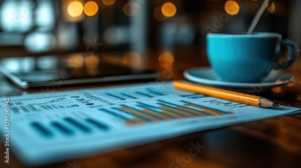 Fototapeta Cafe work Analyzing charts with coffee and tablet