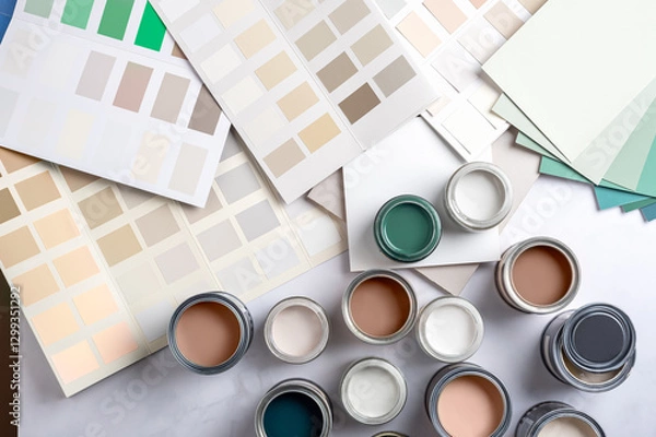 Fototapeta Tiny sample paint cans during house renovation, process of choosing paint for the walls, Mocha Mousse color of the year 2025, color charts on background