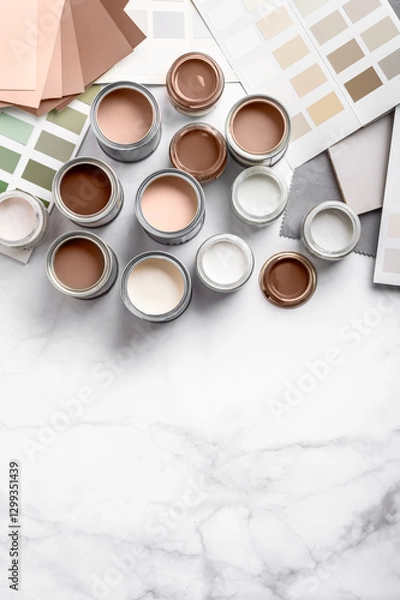 Fototapeta Tiny sample paint cans during house renovation, process of choosing paint for the walls, Mocha Mousse color of the year 2025, color charts on background