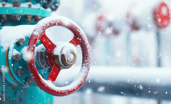Fototapeta A snow-covered industrial gas pipeline with a bright red valve wheel in cold winter conditions.