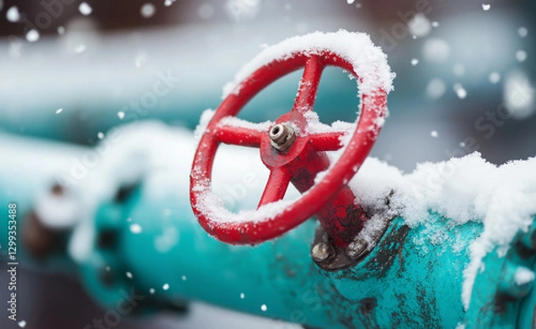 Fototapeta A snow-covered industrial gas pipeline with a bright red valve wheel in cold winter conditions.
