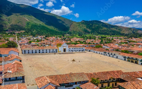Fototapeta Aerial View of Villa de Leyva's Historic Square Surrounded by Mountains in Boyacá, Colombia