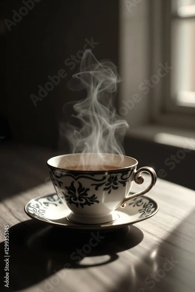 Fototapeta Steaming tea cup with elegant design on a saucer, placed on a wooden table in soft light
