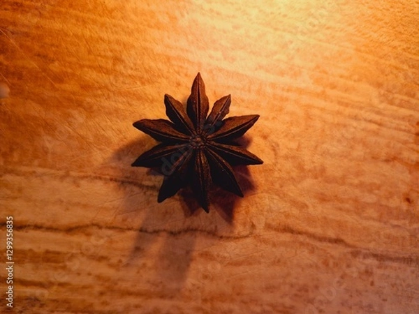 Obraz star anise with shadow on wood under warm yellow light