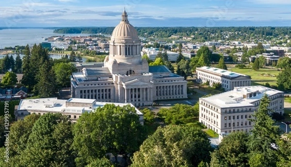 Obraz High-angle view of the Washington State Capitol building in Olympia, WA. Government buildings and surrounding parkland. Beautiful day. Washington, USA