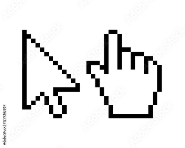 Fototapeta Pixel cursor pointers. Set of 8 bit computer mouse cursor pointers, arrow, hand.