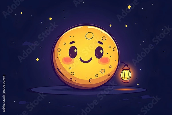 Fototapeta Cartoon moon with lantern, night sky