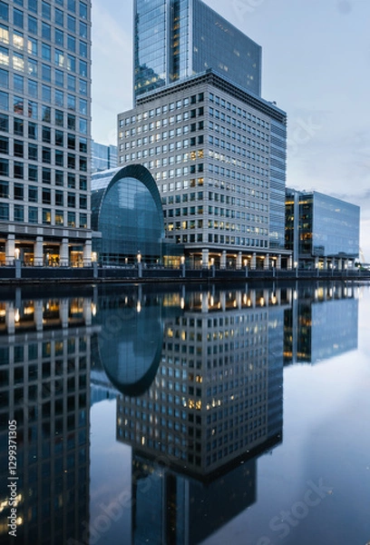 Obraz Reflections of corporate buildings in water, Canary Wharf, London