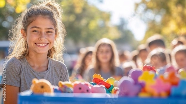 Obraz Smiling young volunteers with colorful toy collection drive boxes for charity campaign websites, community service promotions, donation event marketing, nonprofit promotions, fundraising initiatives