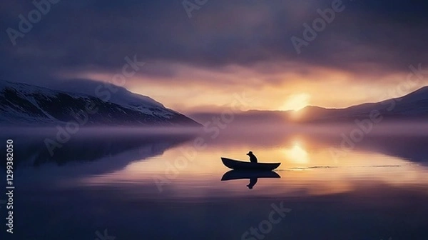 Fototapeta  A person in a small boat floating on a body of water with mountains rising majestically behind them, bathed in the golden light of sunset