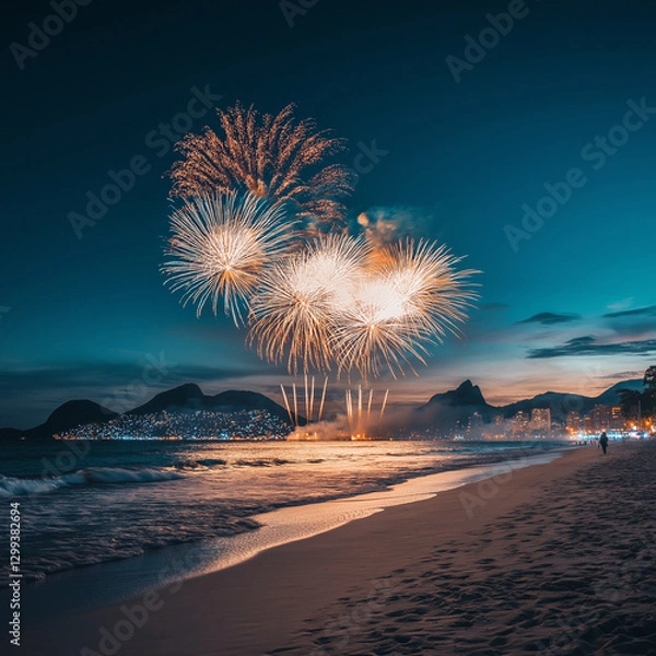 Obraz Spectacular fireworks display over a beach at night.
