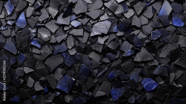 Fototapeta The dynamic abstract texture of shattered glass, with sharp reflective surfaces and depth, glows in deep blue fragments