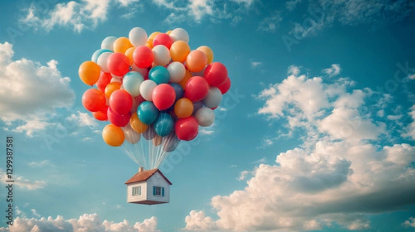 Fototapeta A house flying through the sky tied to many balloons. Conceptual image of the difficulty of access to housing