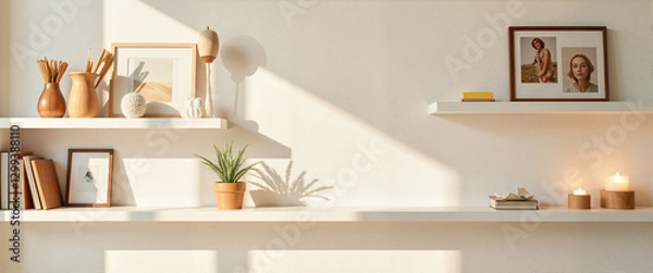 Fototapeta Shelves being organized in minimalist room, serene ambiance