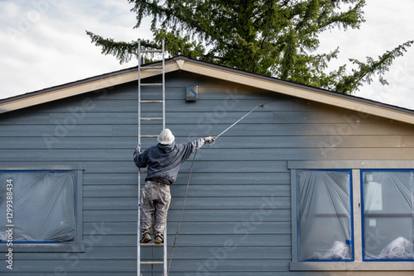 Obraz Professional painter in hard hat and air respirator on extension ladder with paint sprayer painting back exterior of house, job site for new housing development
