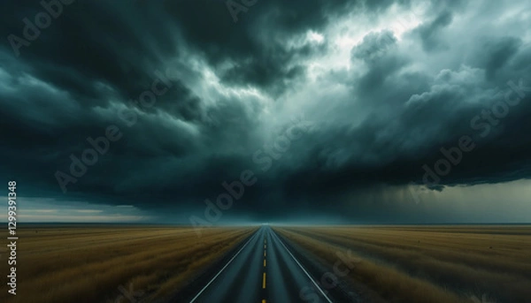 Fototapeta Stormy Road: A dark storm looms over a straight, seemingly endless highway