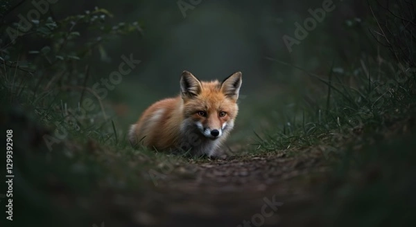 Fototapeta Red Fox Hiding in Dark Forest Path Wildlife Photography