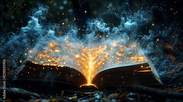 Fototapeta An open antique book showing a landscape of the history inside. Surrealistic image of literature